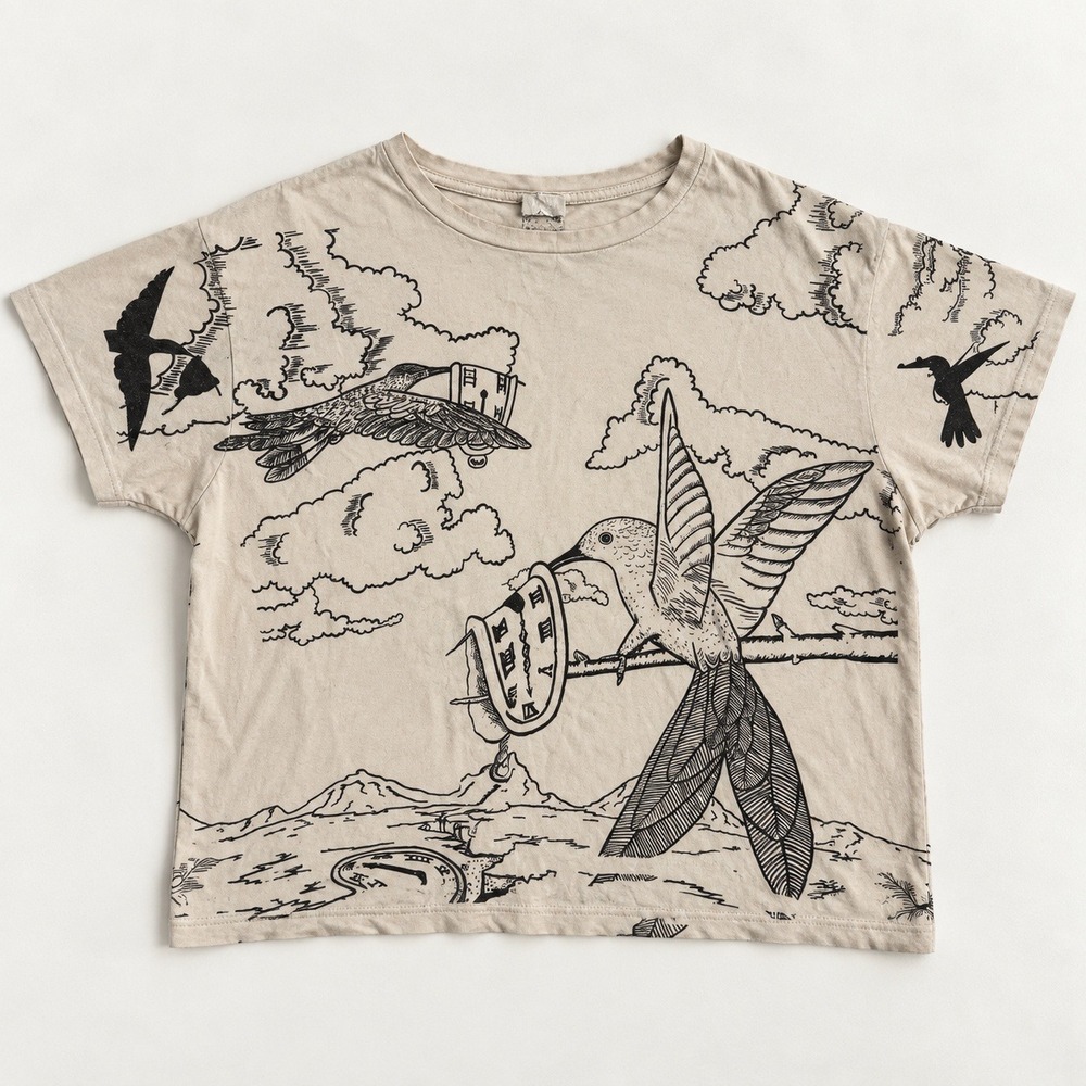 Surrealist Hummingbird Melting Clock Graphic T-Shirt Indie Art Tee Dali Birds